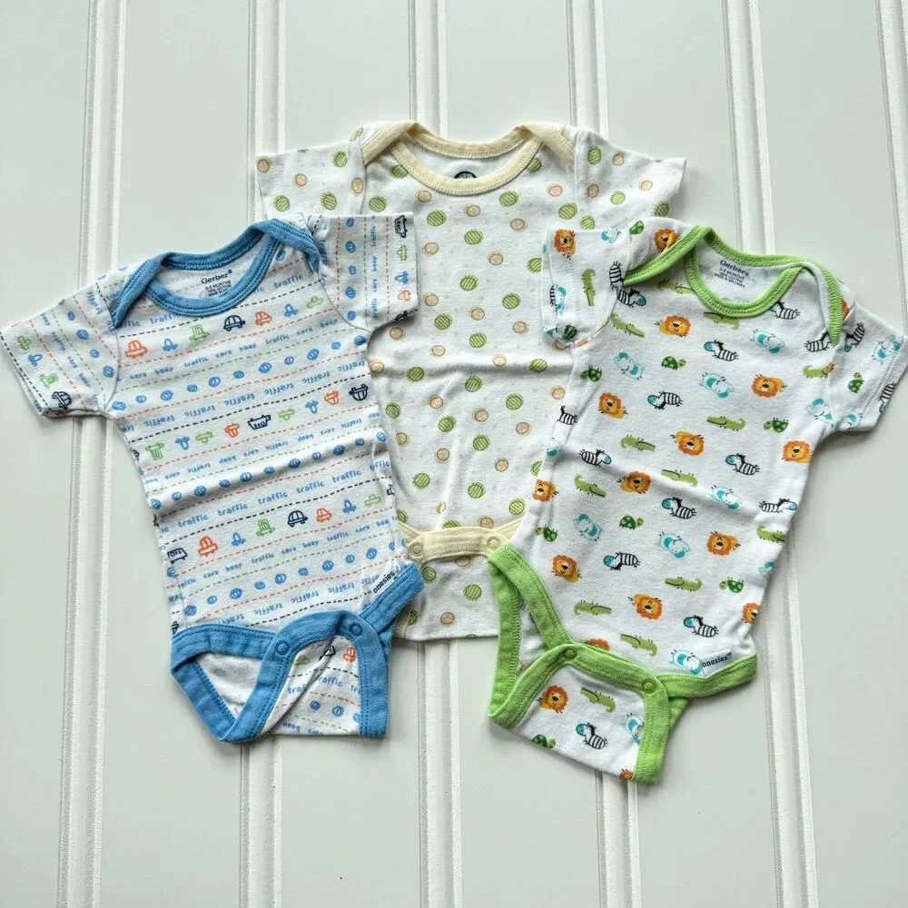 4/$10 - Set of 3 Gerber Cotton Baby Onesies | Vehicles Zoo Animals Polka Dots 0-